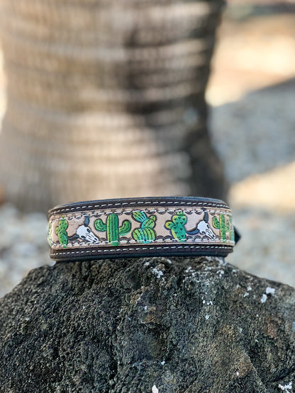 TRAIL BLAZER dog collar (M/L) cowhide and tooled leather hand painted bull cacti design