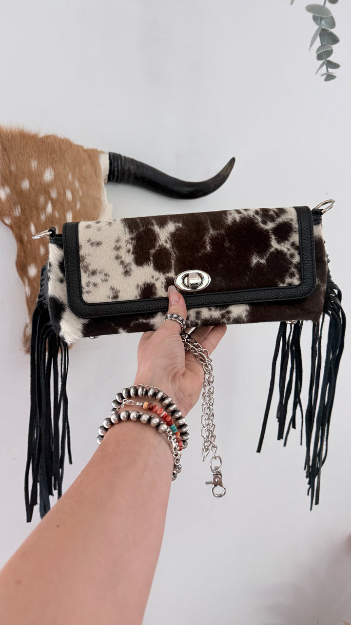 Night Moves | Cowhide Leather Fringe Clutch & Chain Crossbody Purse