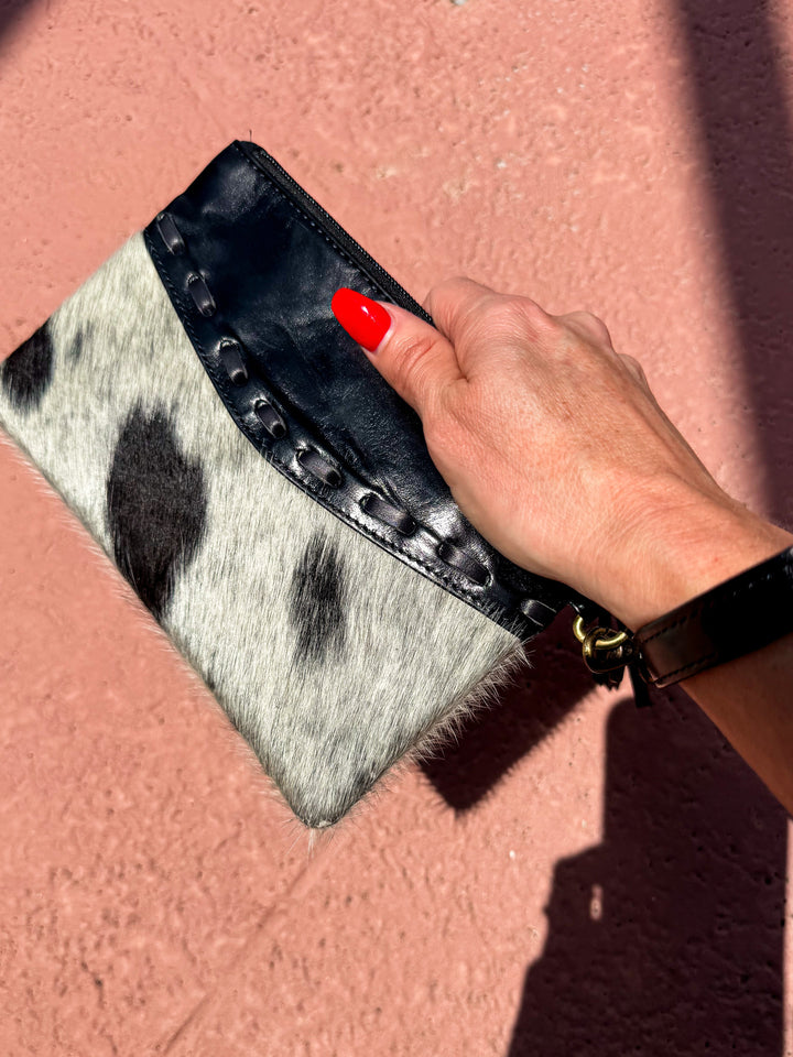 The Speakeasy | Hair-On Cowhide Leather Wristlet Tassel Clutch