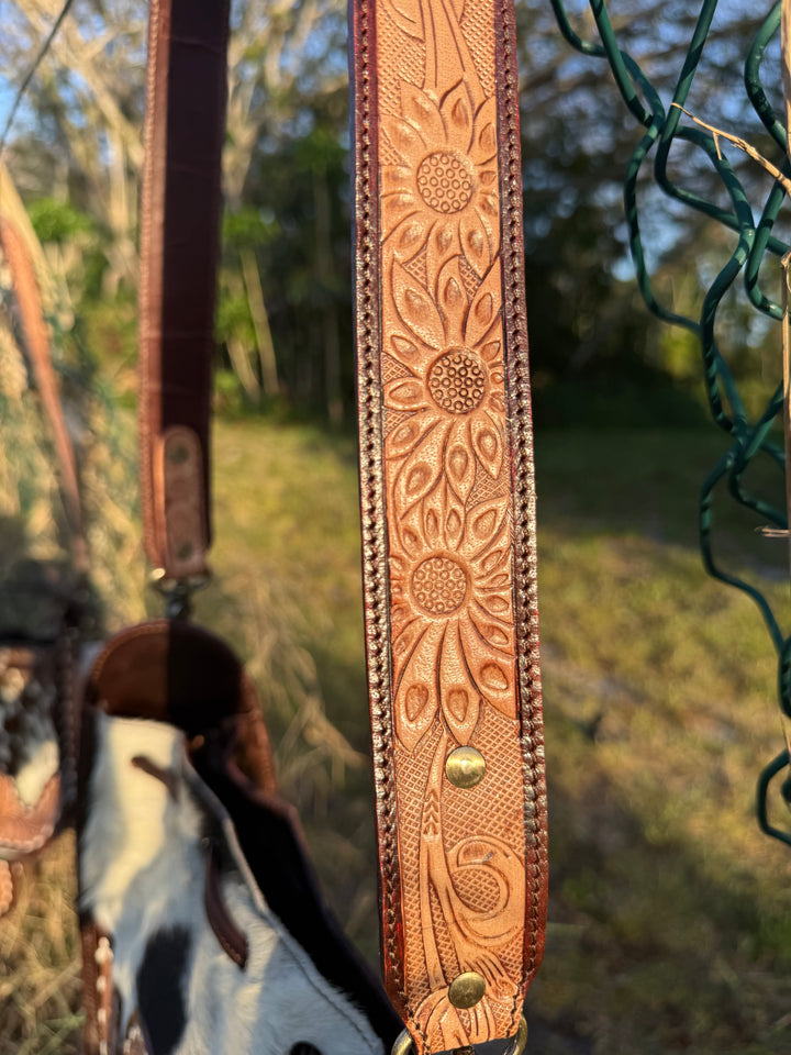 Shotgun Rider Bucket Bag | Cowhide Bucket Bag with Tooled Leather – Western Crossbody Purse – Hair-On Hide Shoulder Bag