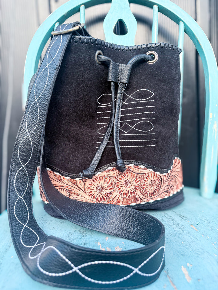 The Bronco Bucket | Black Suede & Tooled Leather Western Bucket Bag