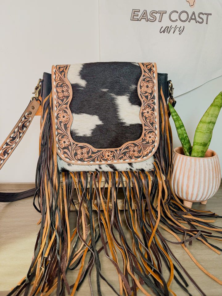 The Renegade | Cowhide Fringe Leather Crossbody Bag with Tooled Strap