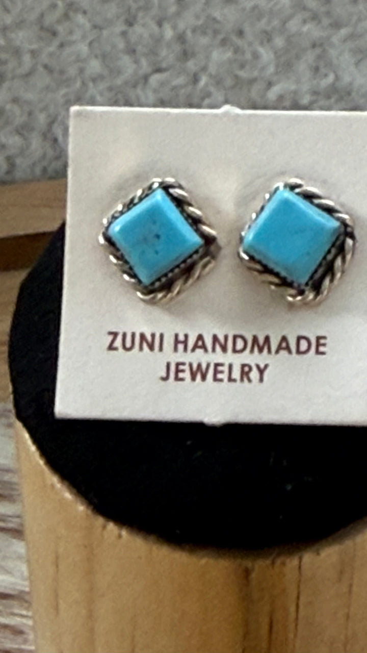 Zuni Handmade Kingman Turquoise Stud Earrings | 8mm Sterling Silver Turquoise Studs | Native American Jewelry