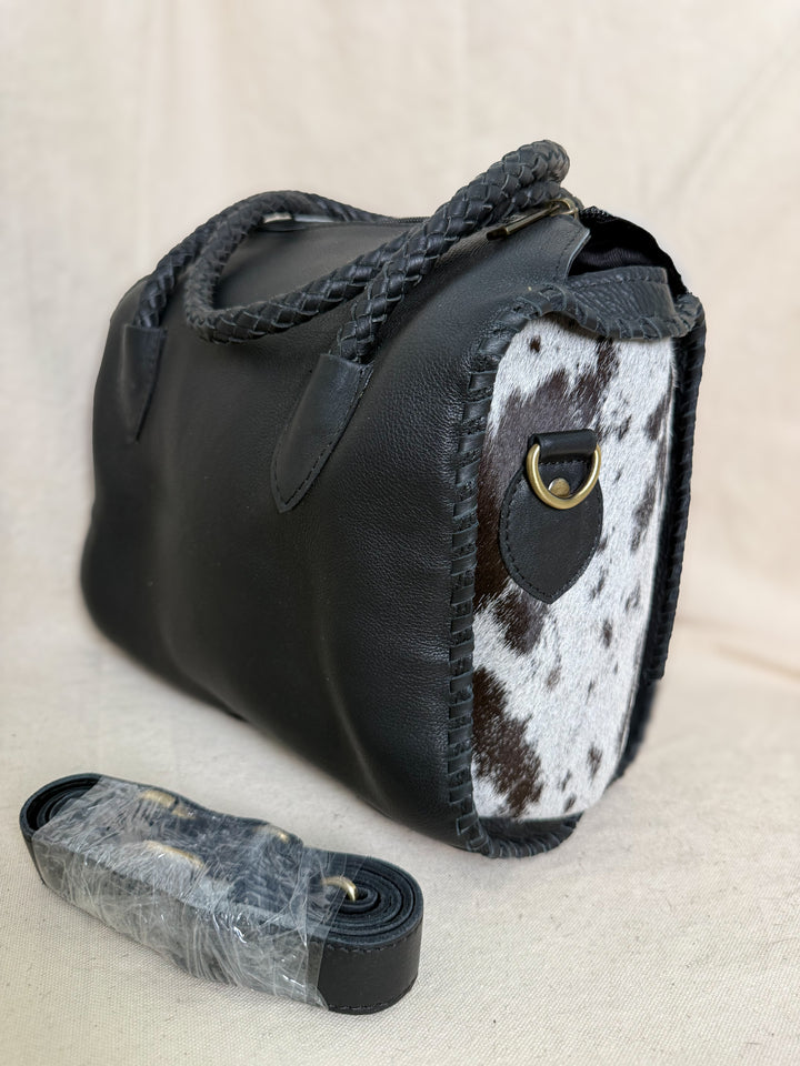 Soft & Strong™ Cowhide Satchel | Black & White Genuine Hair-On Hide Black Leather Handbag