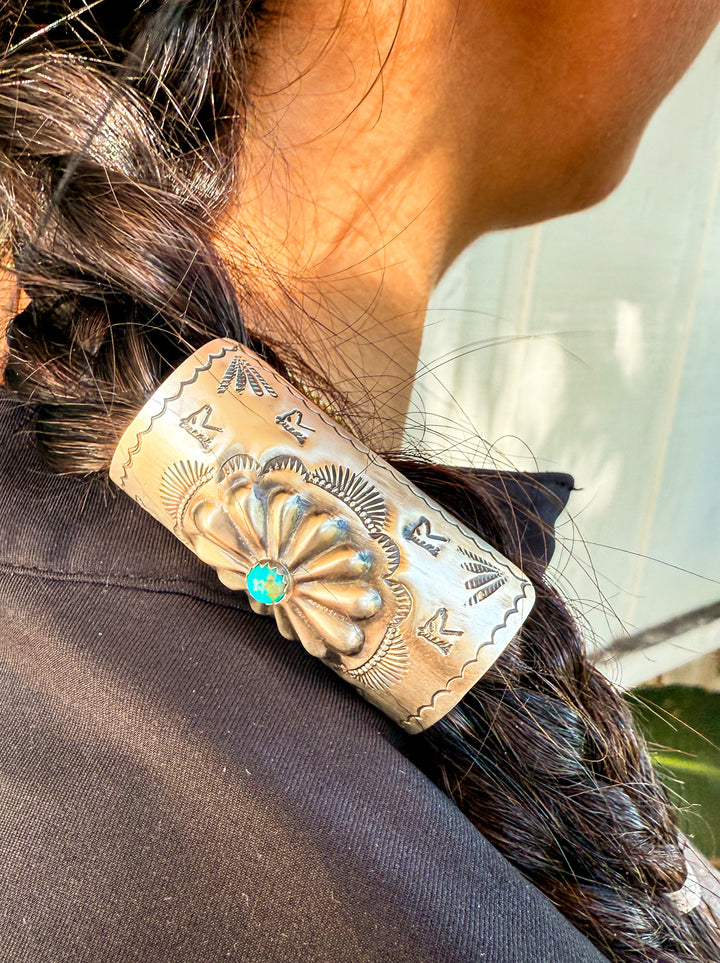 Handmade Navajo Sterling Silver Turquoise Braid Keeper / Hair Cuff