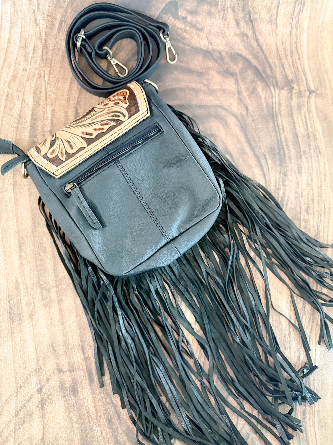 Midnight Fringe | Tooled Leather and Black Fringe Small Western Crossbody