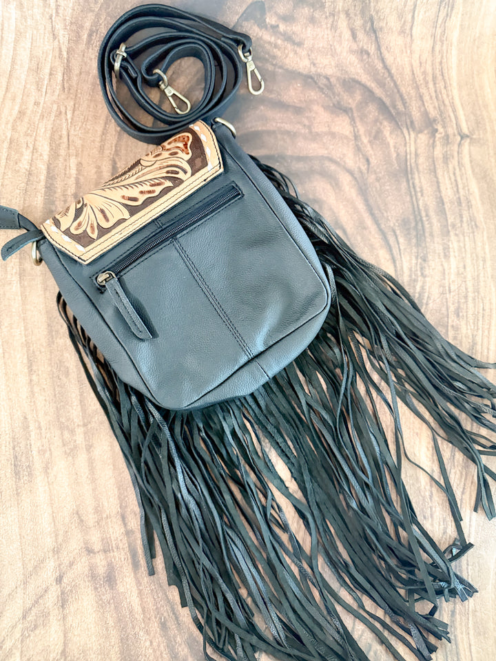 Midnight Fringe | Tooled Leather and Black Fringe Small Western Crossbody