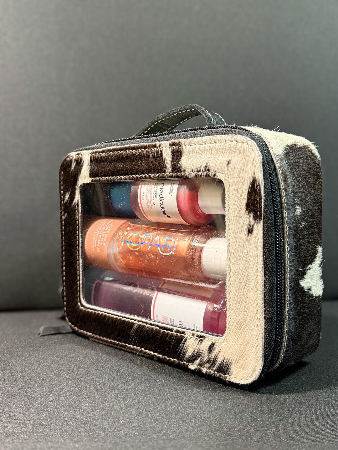 black white cowhide clear makeup bag western toiletry pouch leather