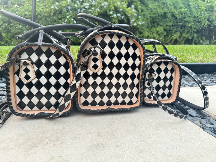The Speed Check | Handmade Leather Checkered Bowler Bag 3 Sizes Genuine Leather Black White Checkered Tooled Design Structured Satchel