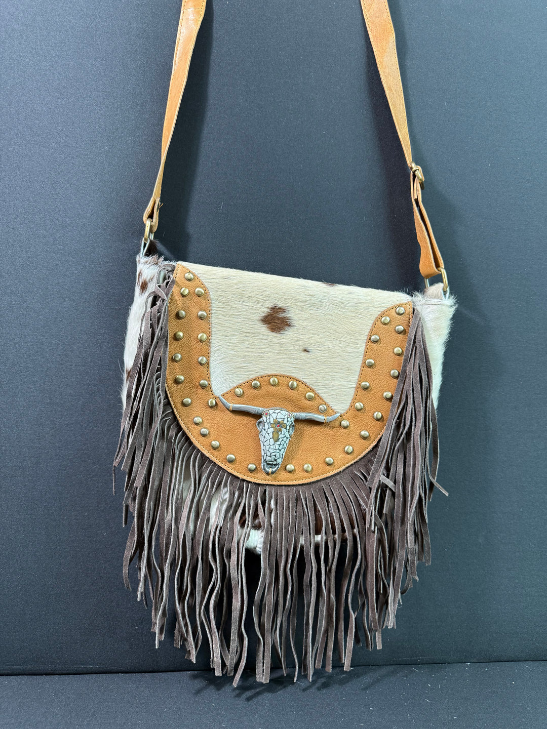 The Sundown Rider | Cowhide Fringe Crossbody with Bullhead Detail
