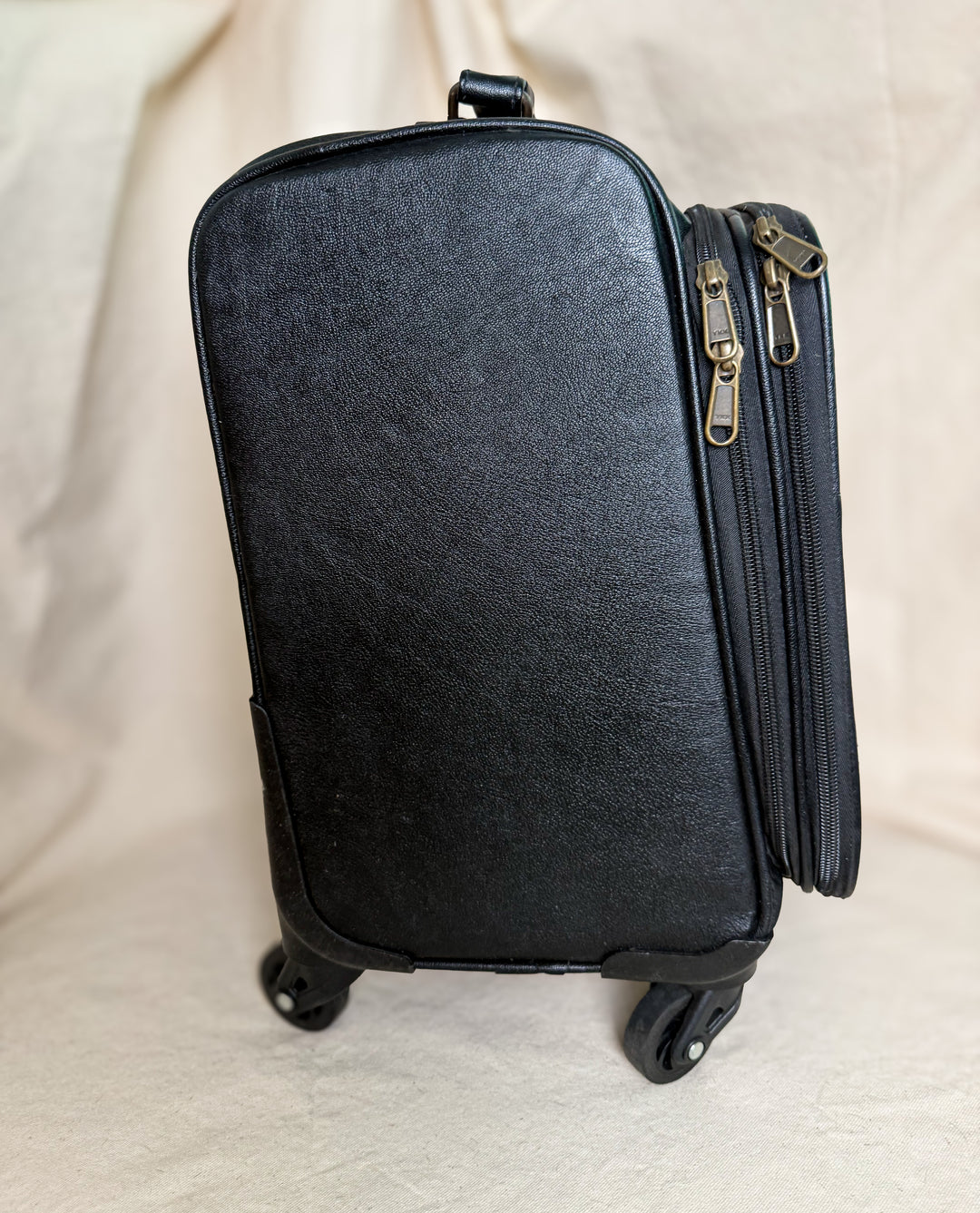 Black & White Diamond Check Leather Rolling Carry-On Suitcase | Small Travel Luggage