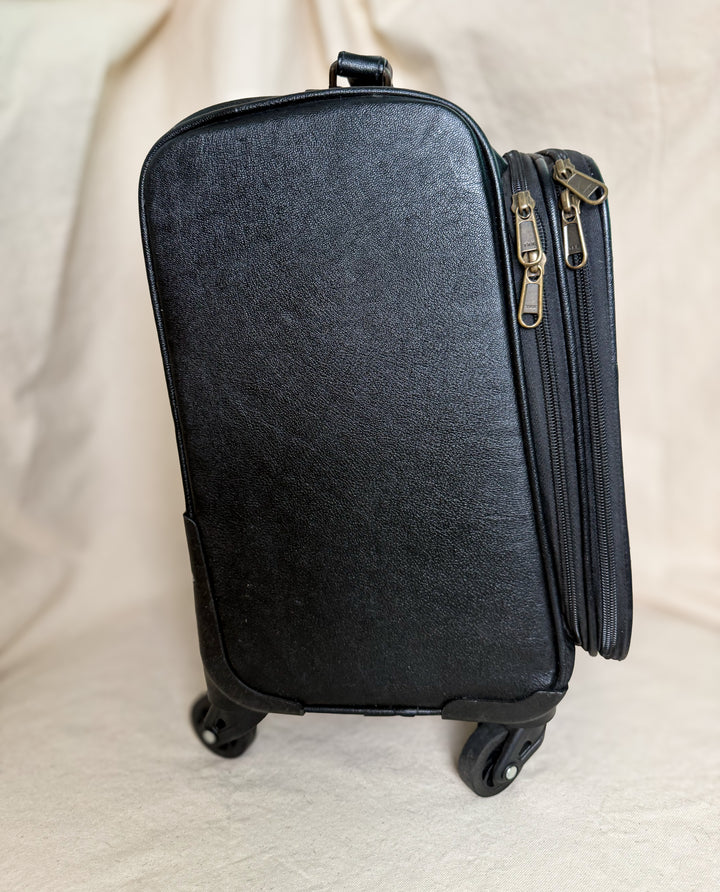 Black & White Diamond Check Leather Rolling Carry-On Suitcase | Small Travel Luggage