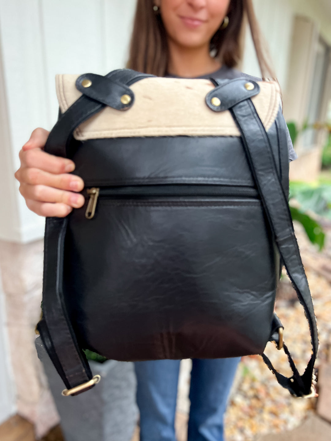 Hybrid Hideaway: Black Leather Mini Backpack Crossbody Combo with Quality Cowhide and Hidden Zippers