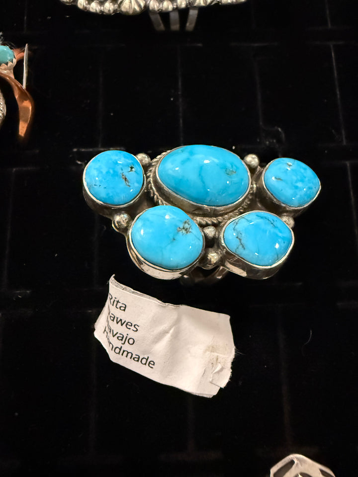 Navajo Handmade Kingman Turquoise Half Cluster Ring | Rita Dawes | Sterling Silver | Size 8