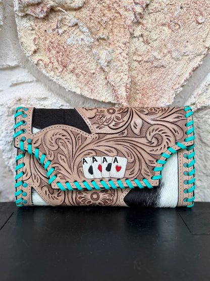 Hide and Ace : Tooled Leather and Cowhide Aces Card Design Turquoise Stiched Wallet