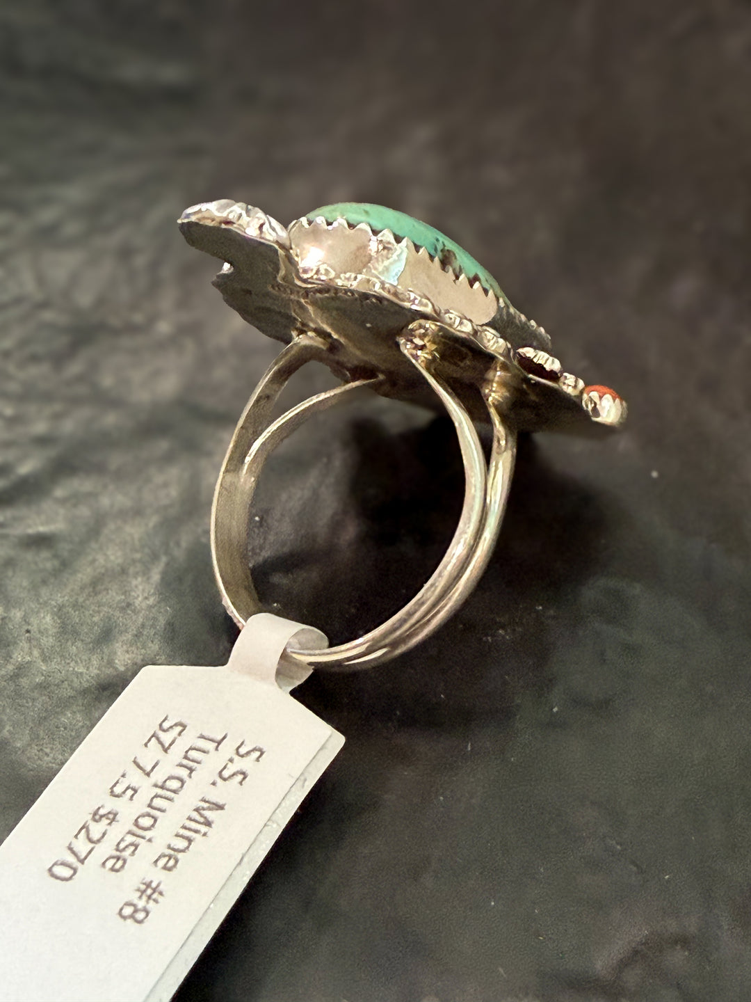 Darren Begay Navajo Handmade Mine 8 Turquoise and Coral Sterling Silver Ring - Size 7.5