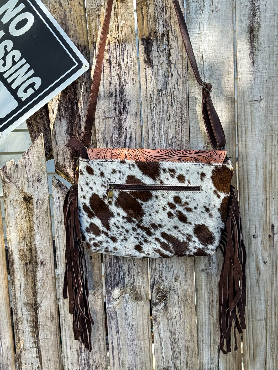 Grit & Grace | Hand Tooled Leather Cowhide and Brown Fringe Crossbody