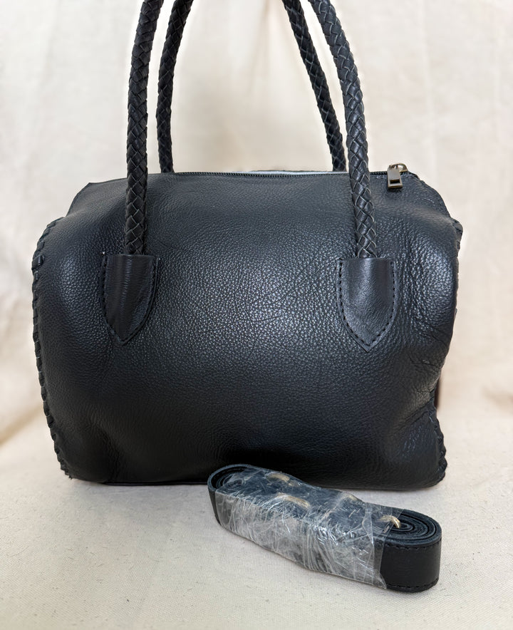 Soft & Strong™ Cowhide Satchel | Black & White Genuine Hair-On Hide Black Leather Handbag