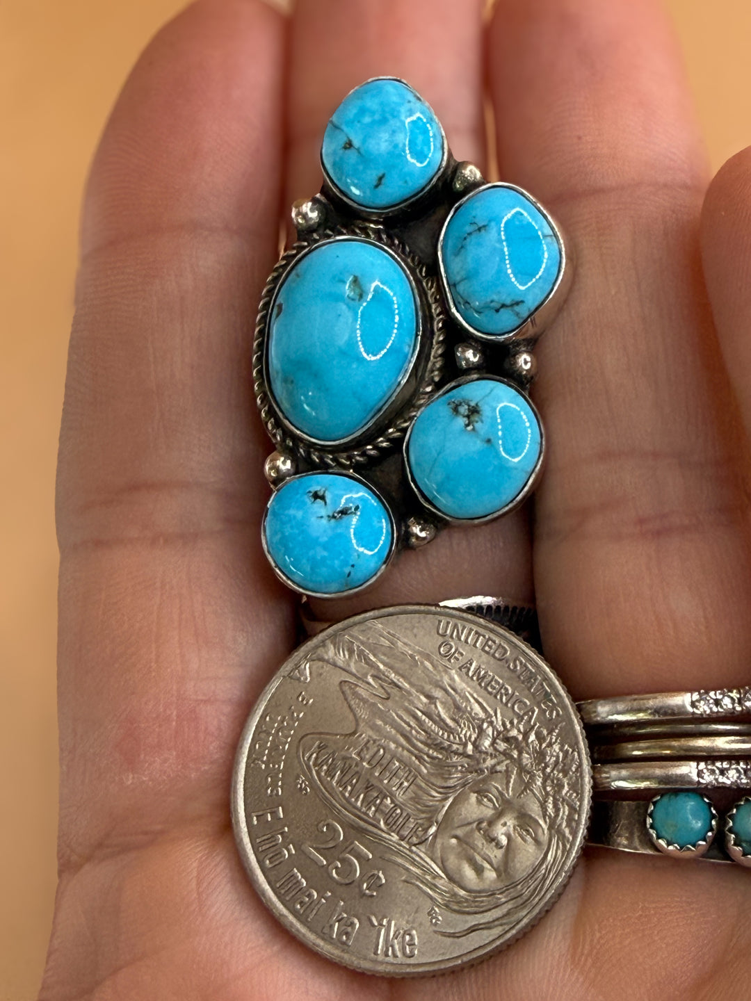 Navajo Handmade Kingman Turquoise Half Cluster Ring | Rita Dawes | Sterling Silver | Size 8