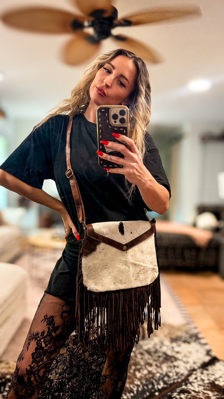 The Evelyn Fringe Crossbody | Genuine Leather & Hair-On Cowhide Western Purse