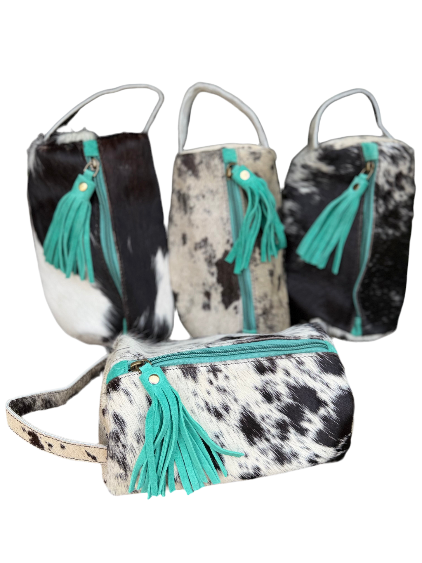 Black/White Cowhide & Leather Travel Cosmetic Bag | Turquoise Fringe
