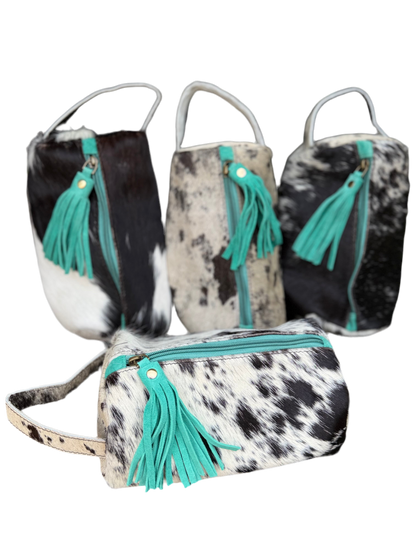 Black/White Cowhide & Leather Travel Cosmetic Bag | Turquoise Fringe