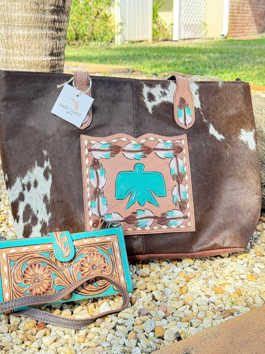 Turquoise Thunder : Cowhide Tooled Leather Concealed Carry Tote & Clutch Set Thunderbird Design