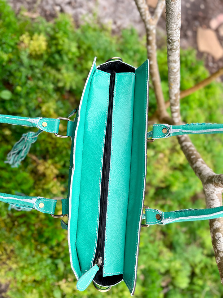 Get to Work Bag | Minty Blue Leather, Tooled Floral & Cowhide Concealed Carry Tote