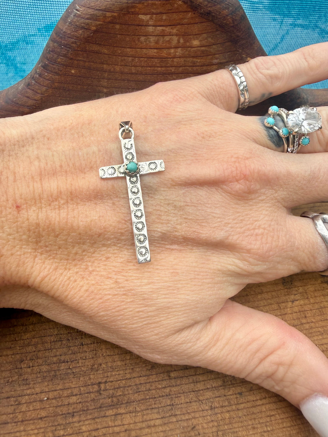 Southwestern Sterling Silver Cross Pendant – Kingman Turquoise Accent – 925 Stamped Western Necklace Charm