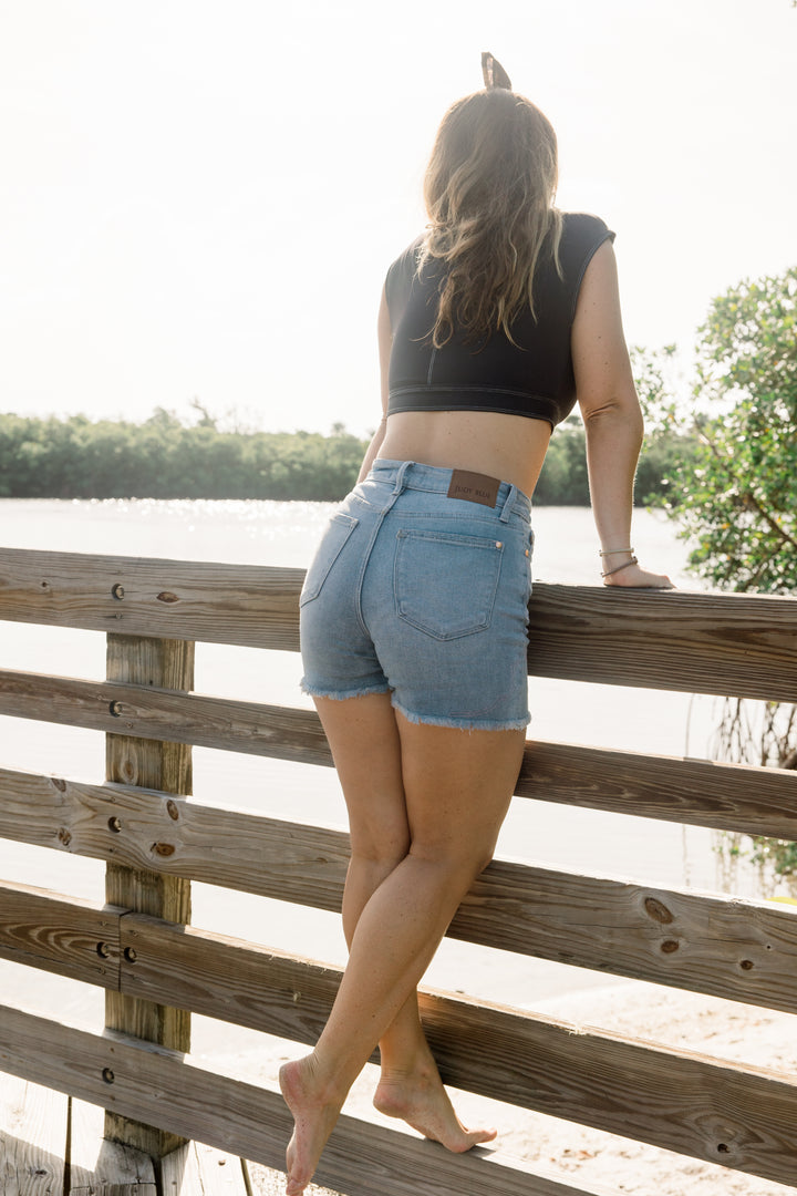 Judy Blue Full Size High Waist Western Embroidery Detail Cut Off Denim Shorts Plus Size