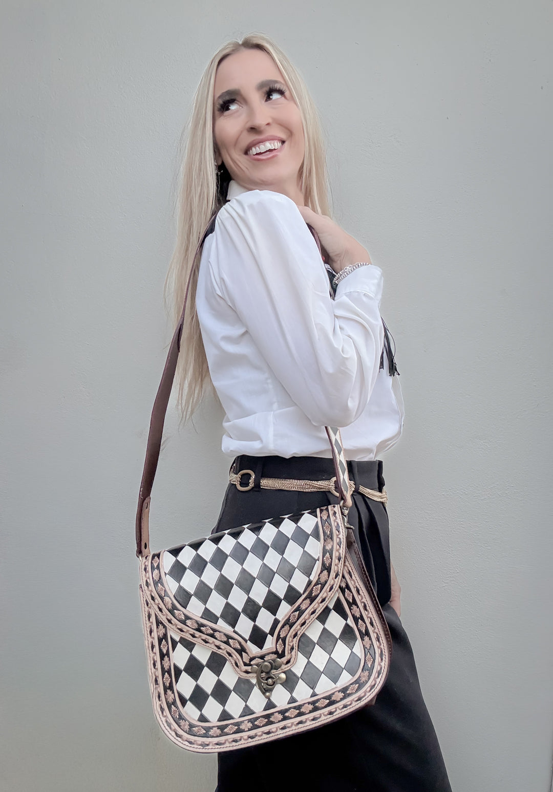 Speed Check No. 7 | Hand-Tooled Checkerboard Crossbody Chic Concealed Carry Purse