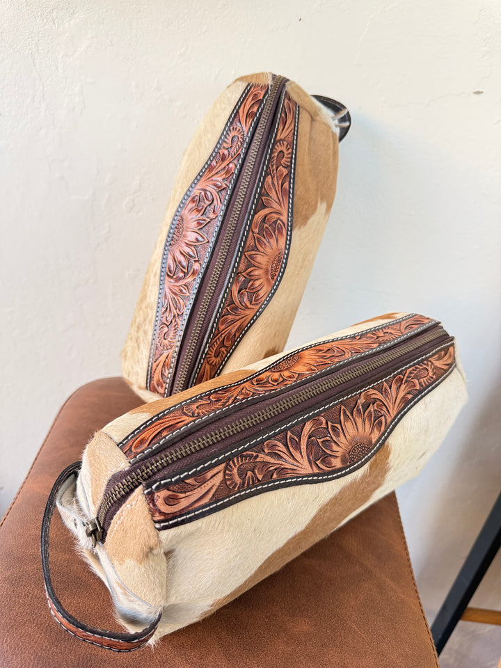 Tan Cowhide Tooled Leather Cosmetic Bag | Western Travel Toiletry Case