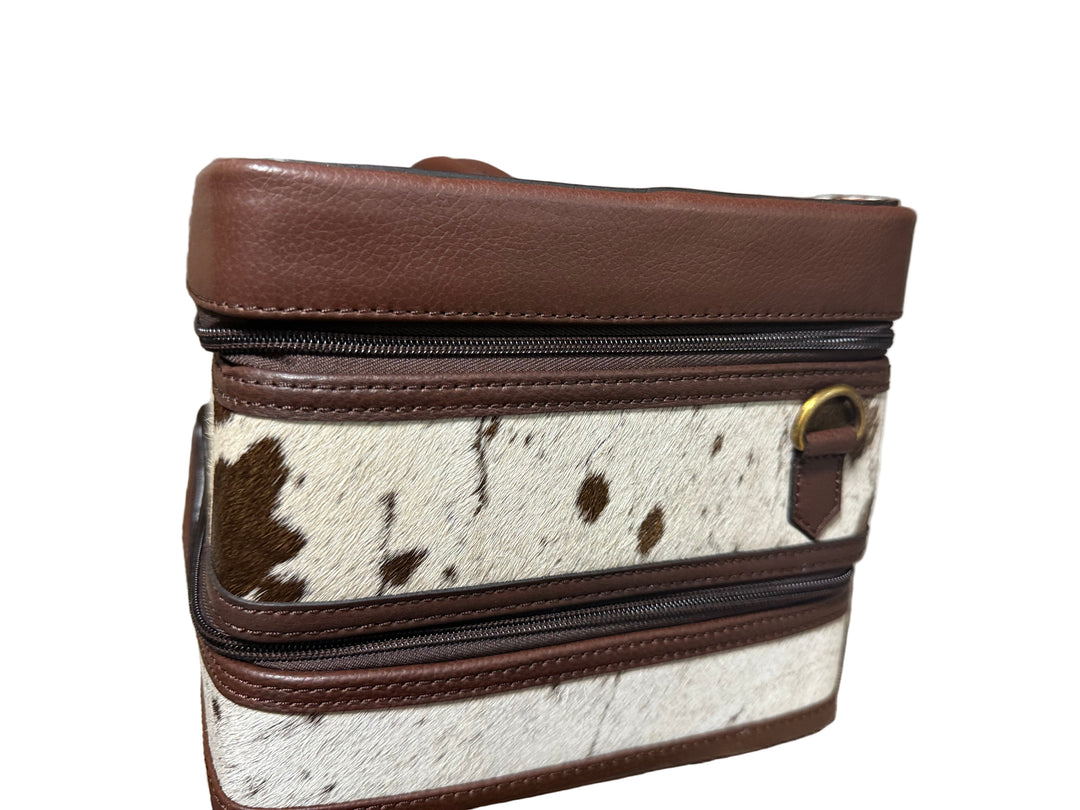 The Double Decker in Chocolate Brown | Large Dark Brown and White Cowhide and Tooled Leather Jewelry Case
