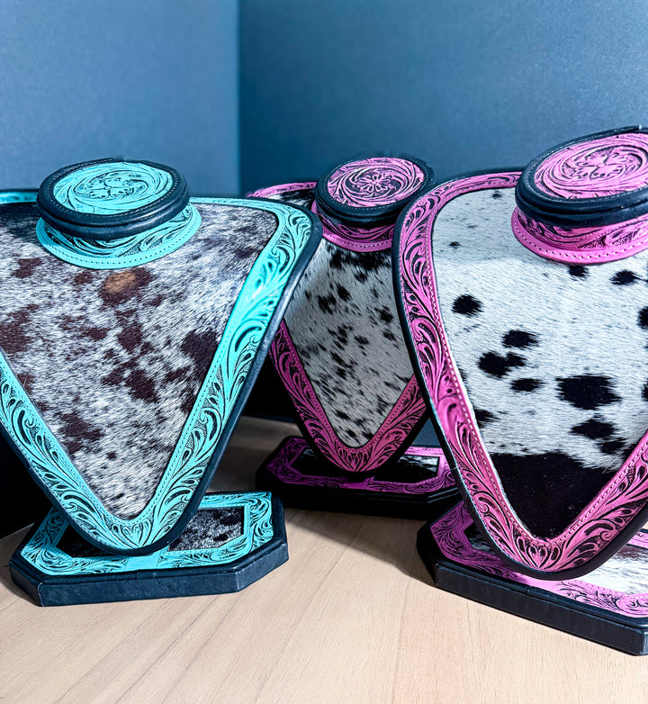 Cowhide Necklace Display Bust | Tooled Leather Jewelry Stand