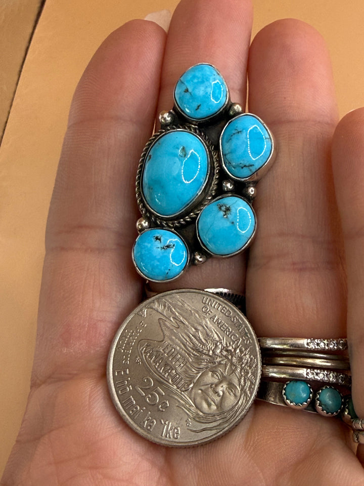 Navajo Handmade Kingman Turquoise Half Cluster Ring | Rita Dawes | Sterling Silver | Size 8