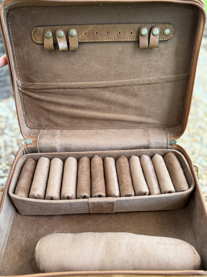 The Double Decker in Tan | Large Tan and White Cowhide and Tooled Leather Jewelry Case