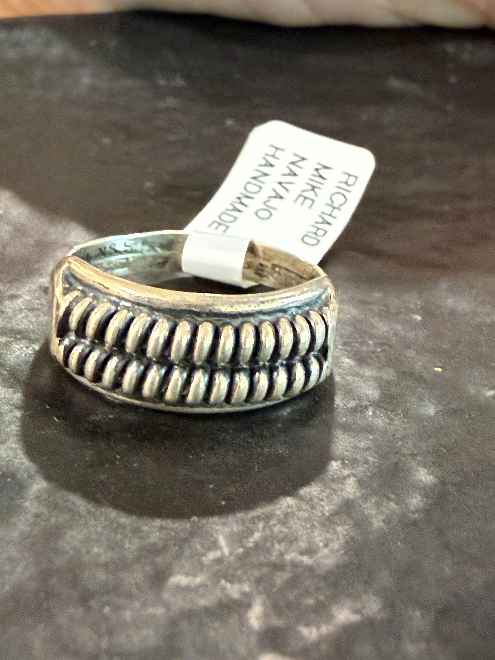 Navajo Sterling Silver Beaded Raindrop Band Ring Handmade by Richard Mike Size 7.5, 8