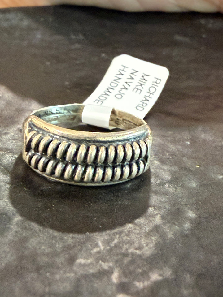 Navajo Sterling Silver Beaded Raindrop Band Ring Handmade by Richard Mike Size 7.5, 8