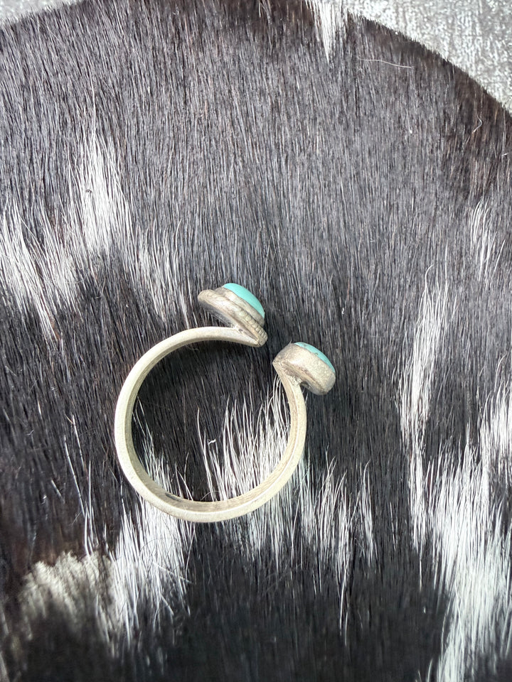 Two Stone Turquoise Floater Ring | Sterling Silver Adjustable Size 8–10 | Handmade