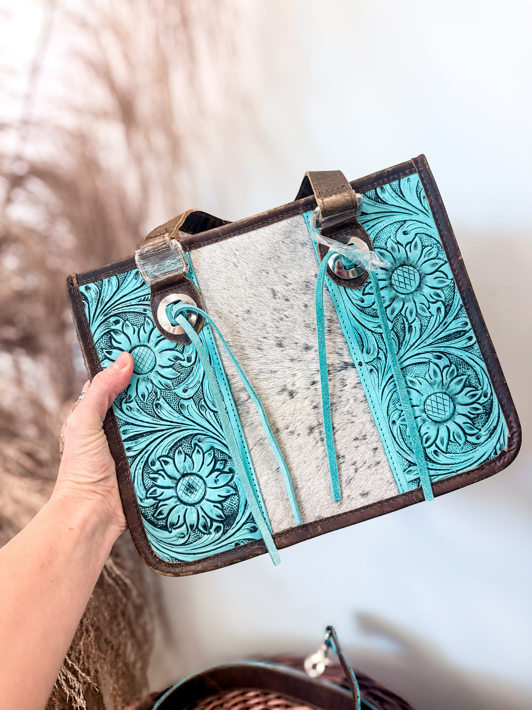 The Little Boss | Turquoise Tooled Cowhide Mini Carry Bag