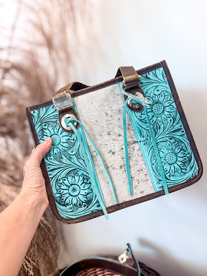 The Little Boss | Turquoise Tooled Cowhide Mini Carry Bag