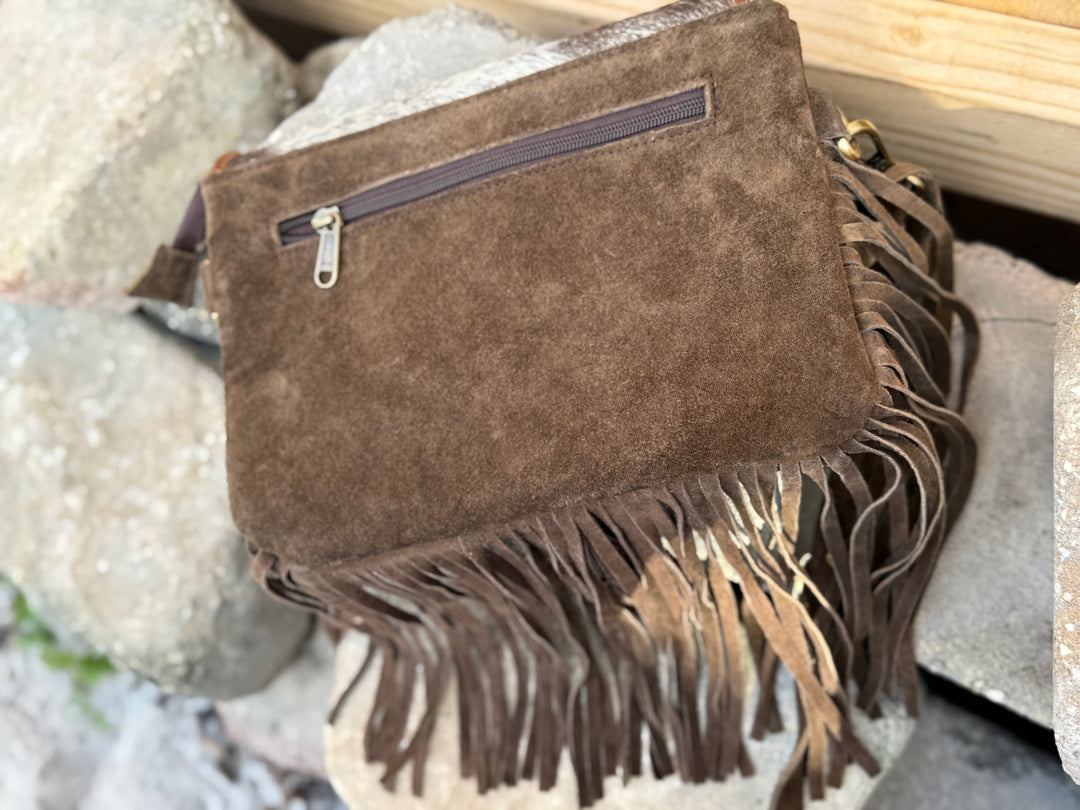 Suede leather fringe crossbody purse with genuine hair on cowhide flap and adjustable strap