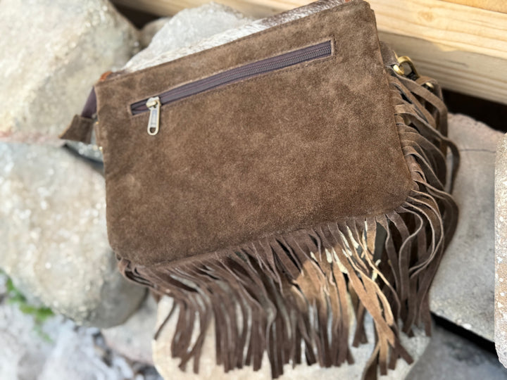 Suede leather fringe crossbody purse with genuine hair on cowhide flap and adjustable strap