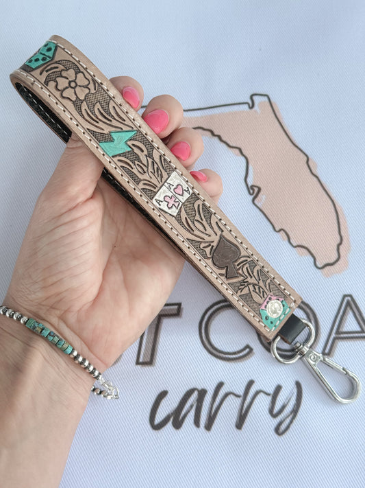 Punchy Hand Tooled and Hand Painted Leather Key Chain Wristlet