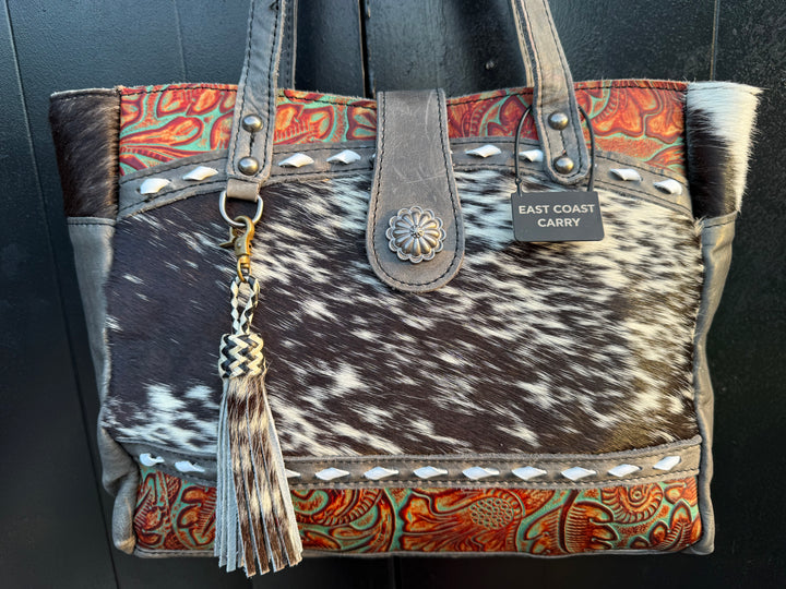 Vintage Vibe Black Leather Concealed Carry Purse with Hair-on Cowhide & Tooled Leather | Right-Hand CCW Tote