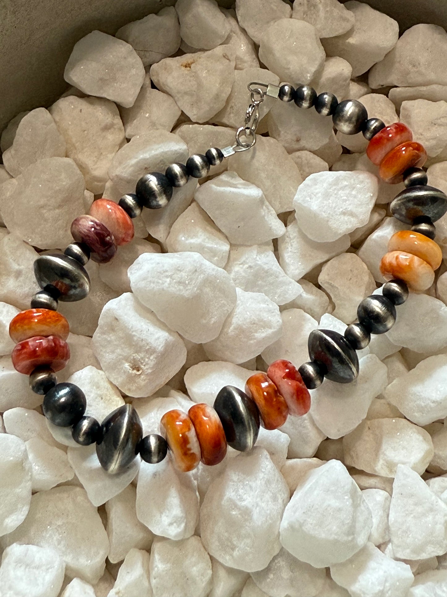 7” Machine made Sterling Silver bead & Spiny Oyster Bracelet, Navajo strung “Navajo Pearl Bracelet”