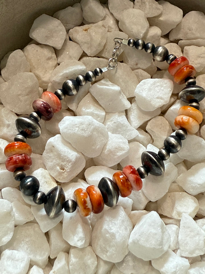 7” Machine made Sterling Silver bead & Spiny Oyster Bracelet, Navajo strung “Navajo Pearl Bracelet”