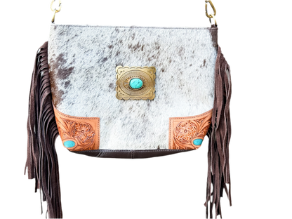 The Concho Carryall: Hair-On Cowhide & Tooled Leather Crossbody Purse