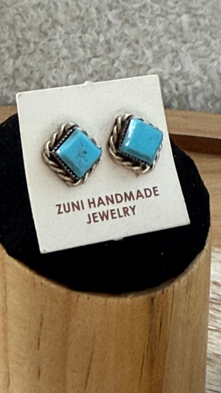 Zuni Handmade Kingman Turquoise Stud Earrings | 8mm Sterling Silver Turquoise Studs | Native American Jewelry