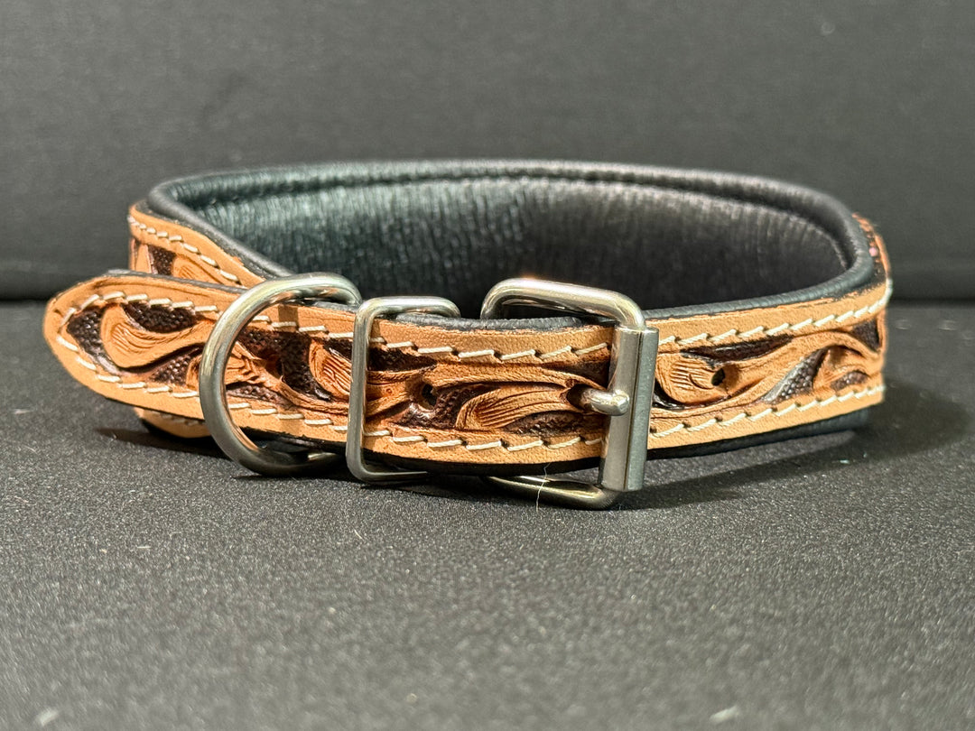 Magnolia Beau | (M/L) Natural Floral Leather Hand Tooled Dog Collar